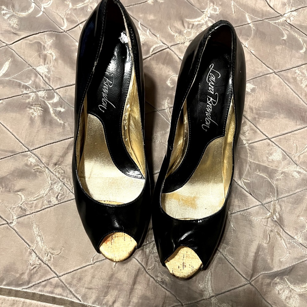 Designer Laura Brandon shoes. Size 7 1/2 in  black patent leather/gold heels.